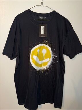 Boohoo Mens Black Tee with Yellow Drip Smiley
